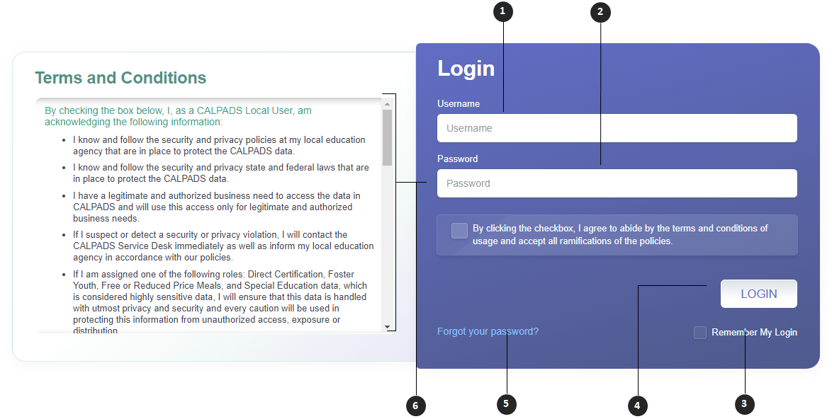 Picture of the CALPADS login screen elements. Elements numbered in order listed below.