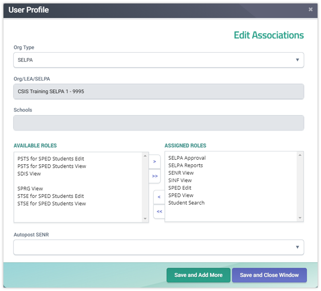 SELPA User Roles modal