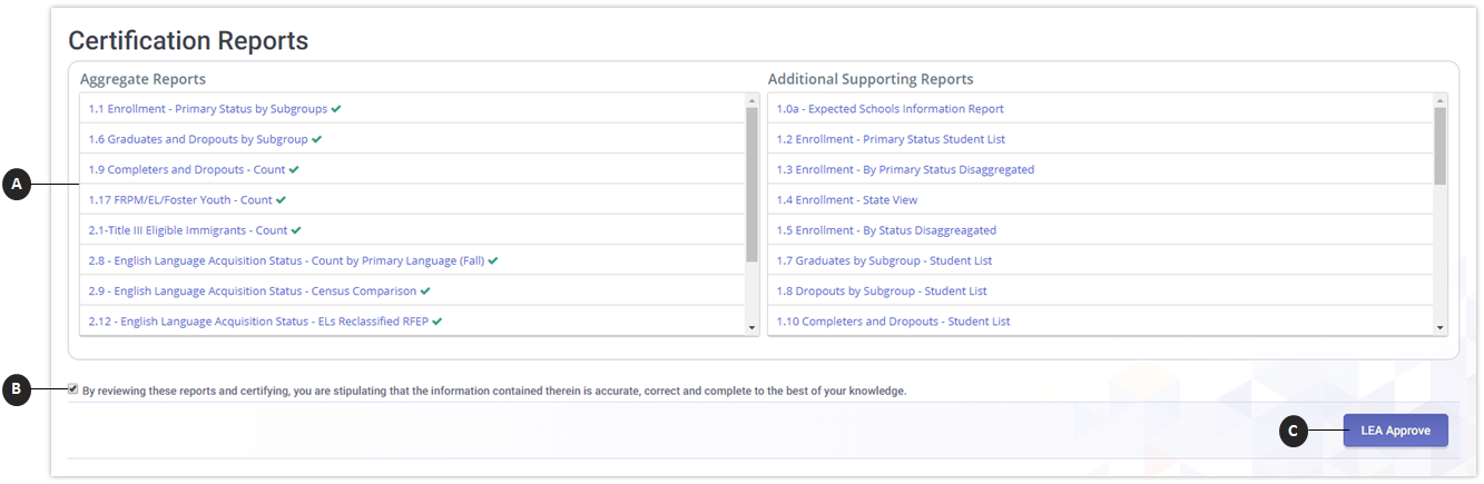 Certification reports section listing aggregate and supporting reports