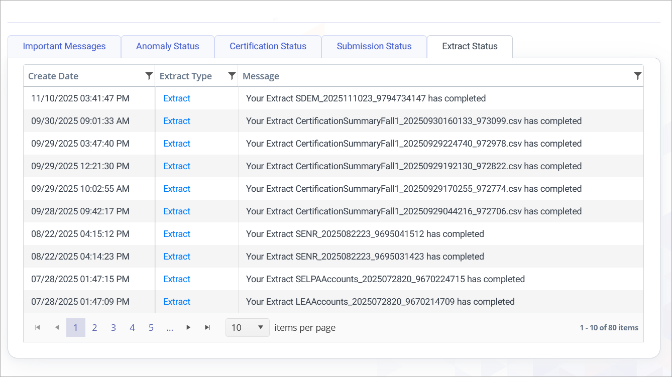 CALPADS Home Page - Extract Status