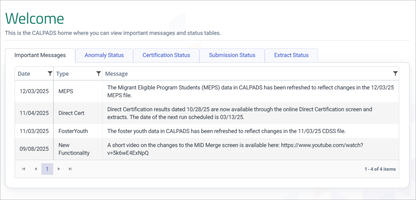 CALPADS Home Page - Important Messages