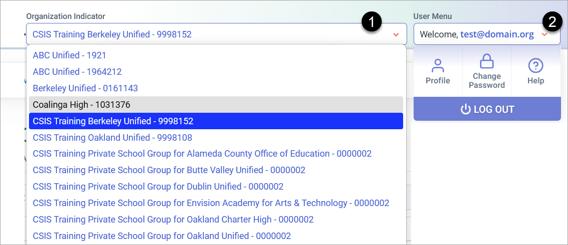User profile dropdown menu