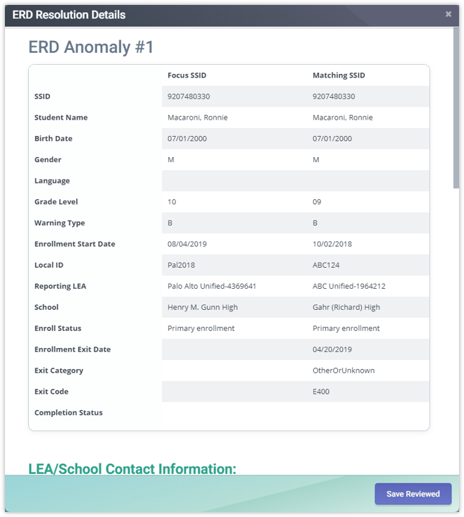 Sample ERD Resolution Details for Type B ERD