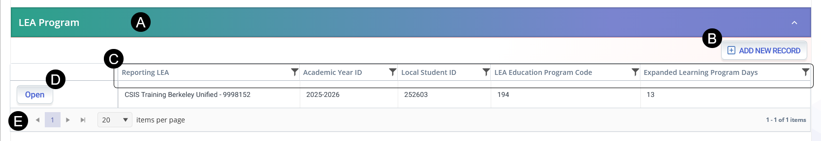 List of programs under Student Program container.