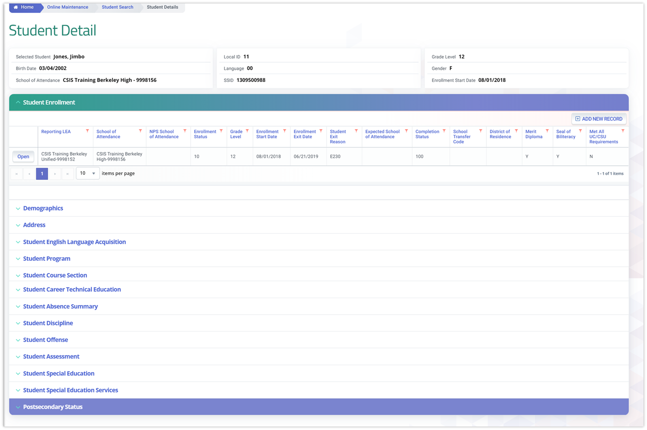 Postsecondary Status history displays when a user clicks the container on the “Student Details”. The system will display a button next to each record to open the record in read-only.