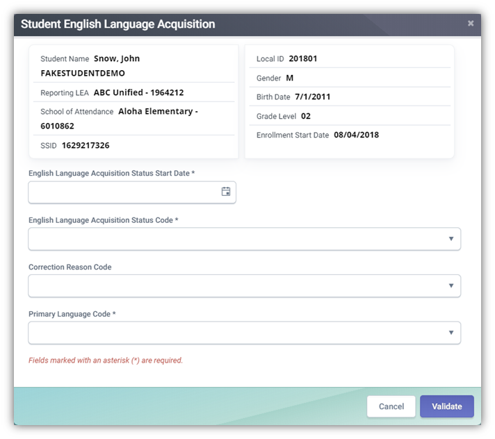 The “Student English Language Acquisition” modal with fields elements.
