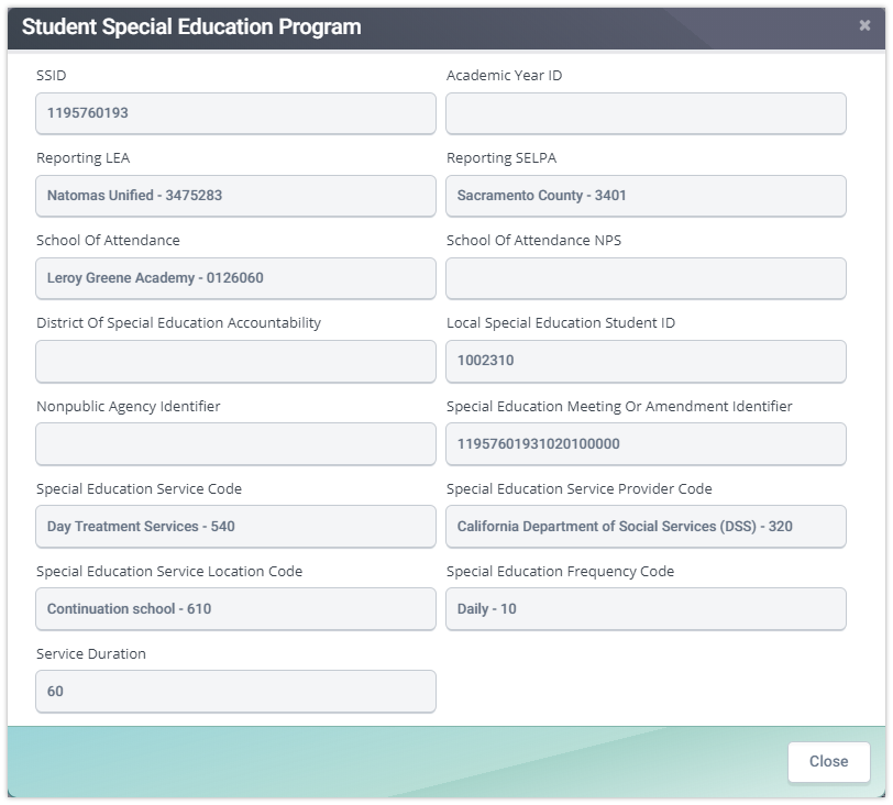 Student Details SPED Modal