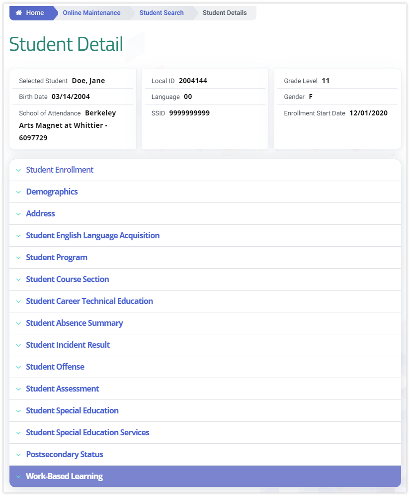 Work-Based Learning history displays when a user clicks the container on the “Student Details”. The system will display a button next to each record to open the record in read-only.