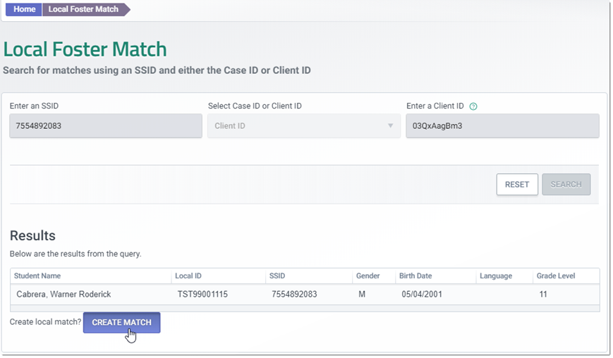 A possible match result is generated at the bottom of the page. If the match is accurate, click on the Create Match button.