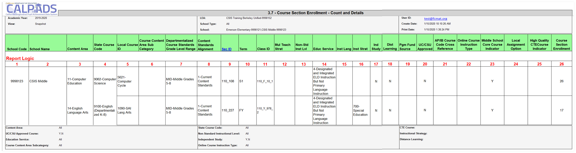 Report 3.7:  Course Section Enrollment - Count and Details