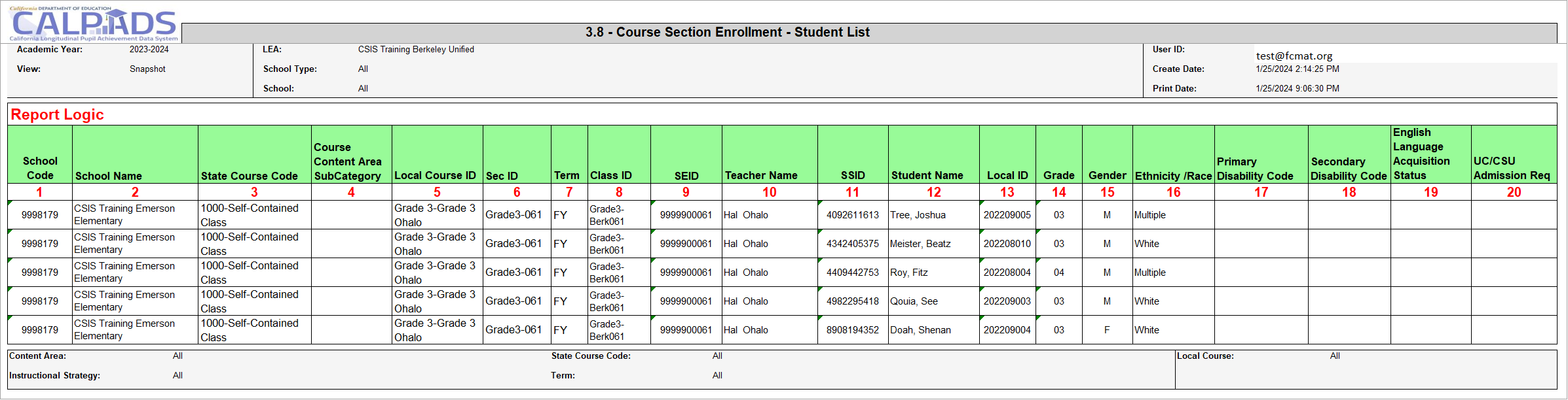 Report 3.8:  Course Section Enrollment - Student List