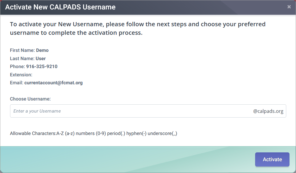 locate and click the light green button labeled: 'Activate New CALPADS Username'